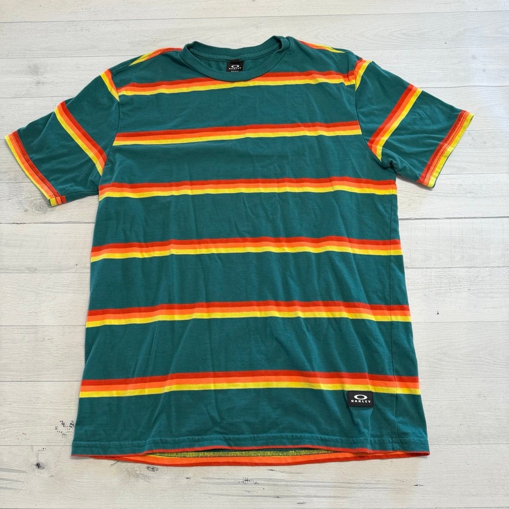 Oakley mens teal ten yellow striped short sleeve shirt medium